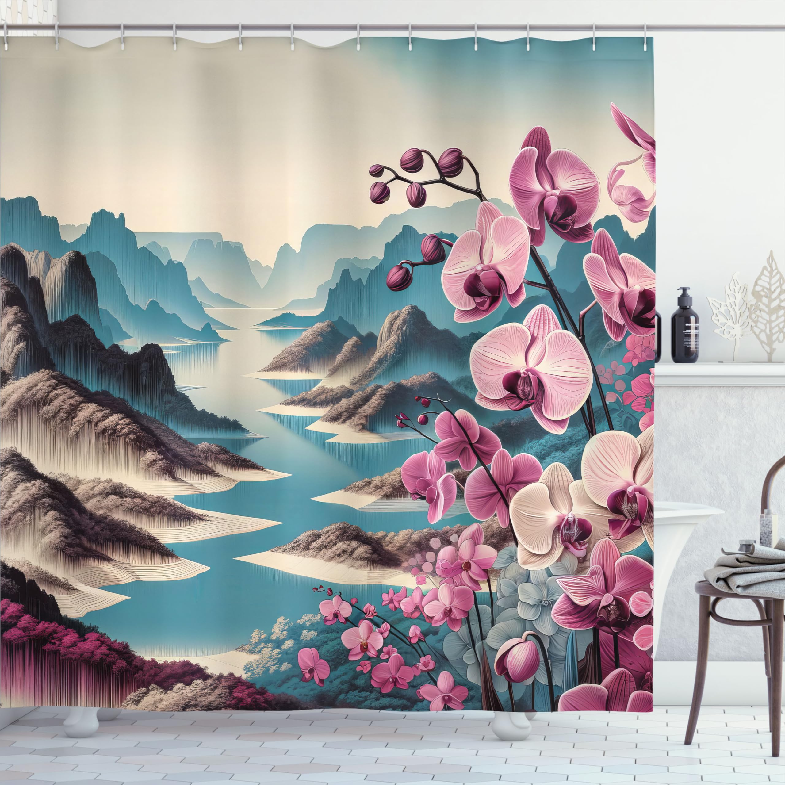 Ambesonne Lake Shower Curtain, Panoramic Spring Landscape Earthy Cliffs And Mountains With Orchids, Cloth Fabric Bathroom Decor
